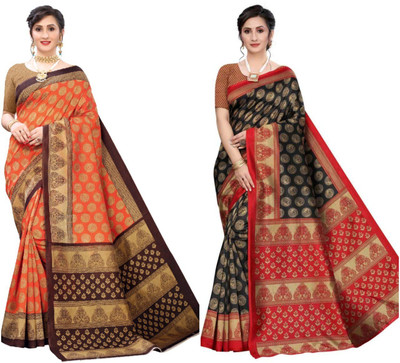 Saadhvi Printed Daily Wear Art Silk Saree(Black, Orange)