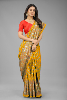 Rashiklal & Co. Animal Print, Self Design, Printed, Striped Bollywood Cotton Blend, Cotton Silk Saree(Mustard)