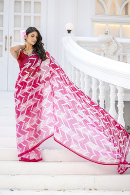 Leelavati Printed Bollywood Chiffon Saree(Pink, White)