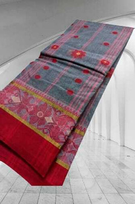 Bikash Dutta Fashion Checkered Tant Pure Cotton Saree(Grey)