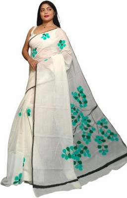 ANU INDIAN FASHION Hand Painted, Floral Print Handloom Cotton Blend Saree(White, Light Green)