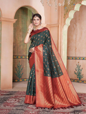 ANOUK Woven Chanderi Silk Blend Saree(Green, Red)