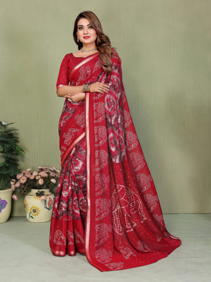 Sarly Printed Bollywood Cotton Blend Saree(Red)