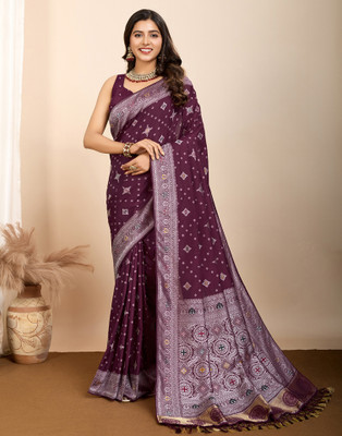 Satrani Woven, Embellished Patola Silk Blend Saree(Purple)