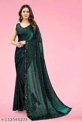 Nishedhya Embellished Bollywood Lycra Blend Saree(Dark Green)
