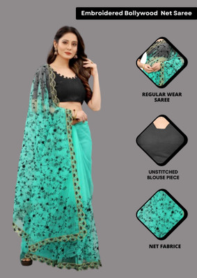 Yashvi Designer Embroidered Bollywood Net Saree(Light Blue)