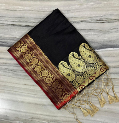 Z A FABRICS Solid/Plain Banarasi Silk Blend Saree(Black)