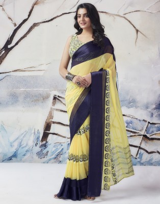 Samah Embellished, Geometric Print Bollywood Georgette Saree(Yellow, Blue)