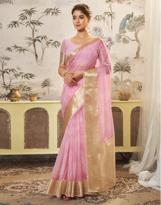 Satrani Printed, Woven, Embellished Banarasi Organza Saree(Pink, Gold)