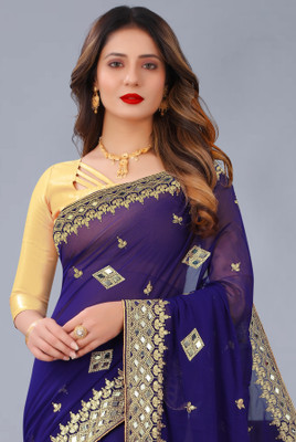 RHG Fashion Embroidered Saree with Attached Blouse Georgette Saree(Dark Blue)