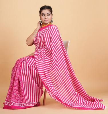 SUNDREESAREE Printed Ikkat Pure Cotton Saree(Pink)