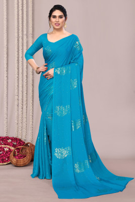 MIRCHI FASHION Blocked Printed, Embellished Bollywood Chiffon, Georgette Saree(Light Blue, Gold)