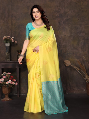 Kirtan Trading Woven, Self Design Kanjivaram Pure Silk, Art Silk Saree(Yellow)