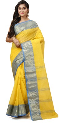 SUBHO SAREE CENTRE Woven, Self Design, Embellished Tant Pure Cotton Saree(Yellow, Multicolor)