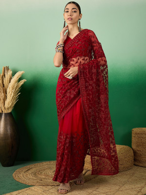 ShopGlobal Woven, Self Design Banarasi Net Saree(Maroon)