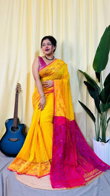 Mondal Saree Centre Embroidered Handloom Cotton Silk Saree(Yellow)