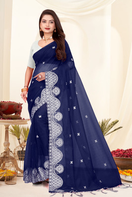 AMAR CREATION Embroidered Bollywood Supernet Saree(Blue)