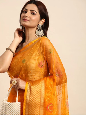 Banaras silk palace Woven Banarasi Organza Saree(Yellow)