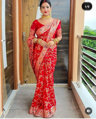 SAKHA DESIGNER Self Design Handloom Jacquard Saree(Red)