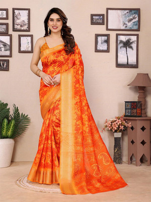 Moda Rapido Printed Bollywood Cotton Blend Saree(Orange)