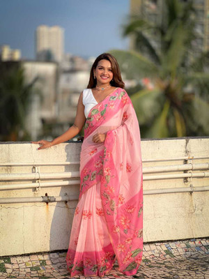 AMRUTKALA SAREES Printed Bollywood Cotton Linen Saree(Pink)