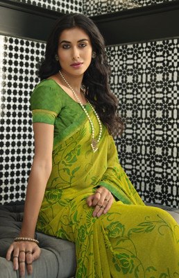 SARIK Printed, Self Design, Graphic Print, Floral Print, Checkered, Solid/Plain Bollywood Georgette, Chiffon Saree(Light Green)