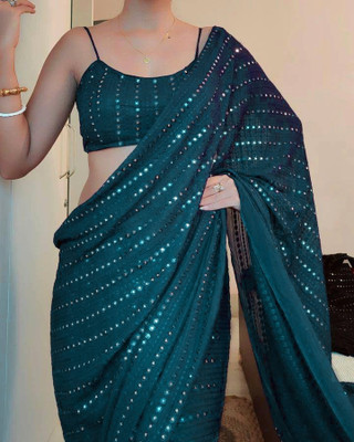 Chandan Fabrics Embroidered Bollywood Georgette Saree(Blue)