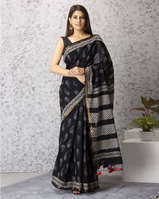 Rovim Blocked Printed Daily Wear Pure Cotton Saree(Black)