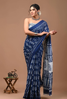 kewra Floral Print Daily Wear Cotton Blend Saree(Blue)