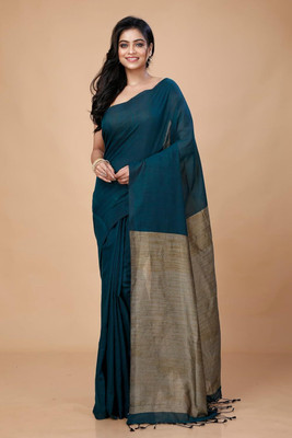 SSK Solid/Plain Handloom Pure Cotton Saree(Dark Green)