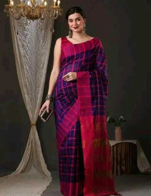 Rofolav Striped Daily Wear Chanderi, Cotton Silk Saree(Pink, Blue)