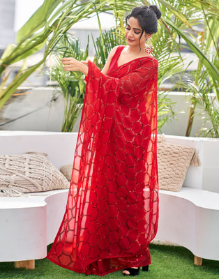 Samah Dyed, Embellished, Self Design Bollywood Georgette Saree(Red)