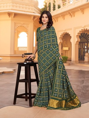 Pionex Printed Bandhani Cotton Silk Saree(Green)