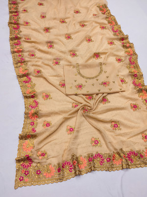 MIYANIFAB Embroidered Bollywood Georgette Saree(Beige)