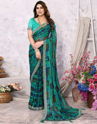 Samah Geometric Print, Printed, Embellished Bollywood Chiffon Saree(Green, Multicolor)