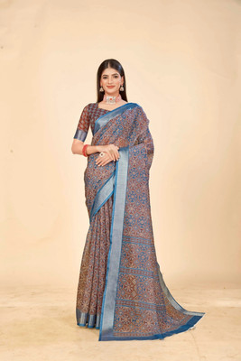 VTEXX Digital Print Saree with Attached Blouse Cotton Linen Saree(Multicolor)