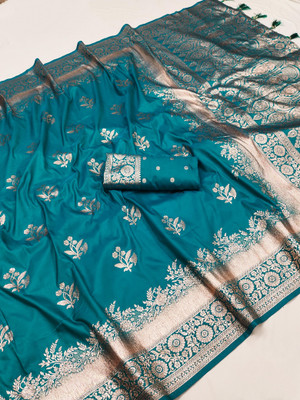 VISVASTA Printed Banarasi Jacquard, Silk Blend Saree(Light Blue)