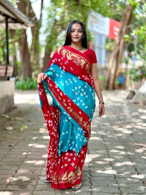 S.R.TEXTILES Printed Bandhani Crepe Saree(Blue, Red)