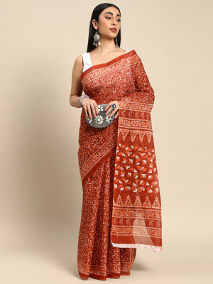 SHANVIKA Printed Daily Wear Pure Cotton Saree(Orange)