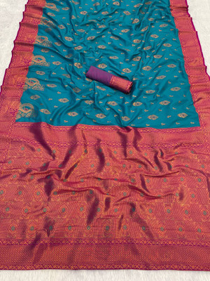 MOON VOGUE Self Design Banarasi Silk Blend Saree(Blue)