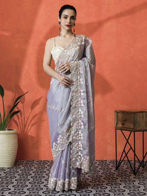 Sangria Embroidered Daily Wear Tissue Saree(Purple)