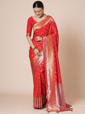 House of Pataudi Woven Banarasi Silk Blend Saree(Red)