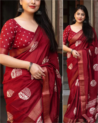 SSHAGUN LIFESTYLE Printed Hand Batik Cotton Silk Saree(Maroon)
