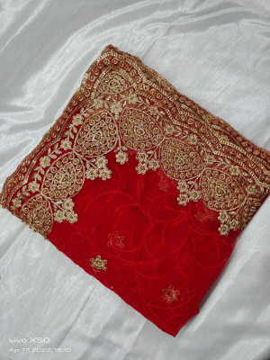 Zenomics Embroidered, Embellished Bollywood Net Saree(Red)