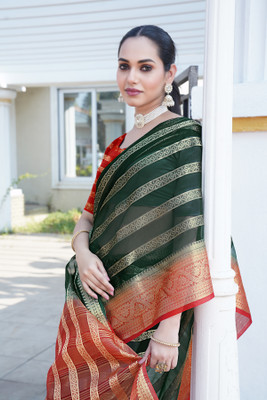 Aarunika IC Solid/Plain Bollywood Organza Saree(Dark Green)