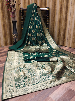 TRINITI FAB Printed Kanjivaram Jacquard Saree(Pack of 2, Dark Green)