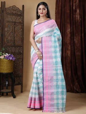 DipDiya Checkered Tant Pure Cotton Saree(Light Blue)