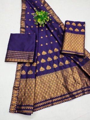 61&7nx Woven Mekhela Chador Silk Blend Saree(Blue)