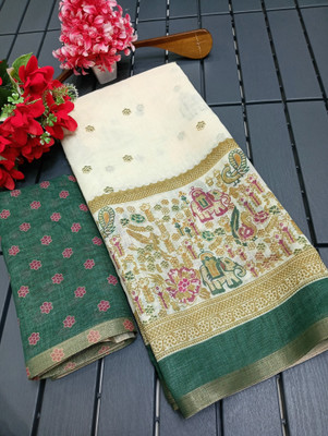 HouseOfCommon Floral Print Kanjivaram Linen, Cotton Linen Saree(Green, Cream)