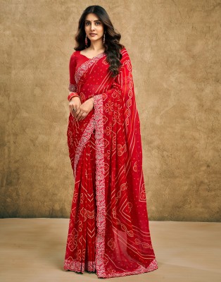 Samah Printed, Embellished Bollywood Georgette, Lace Saree(Red)